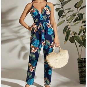 Blue Tropical Floral Print Belted V-Neck Cami Jumpsuit